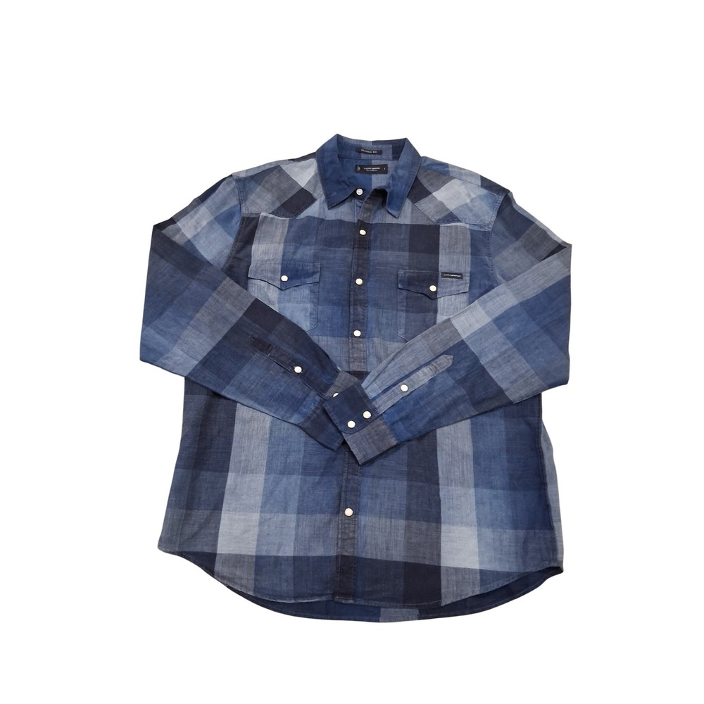 Lucky Brand Mens Indigo Blue Plaid Western Snap Button Down Shirt Classic Fit‎ L